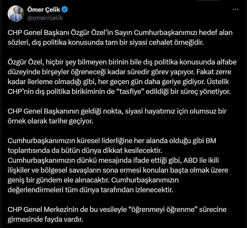 Çelik'in paylaşımı (Ekran görüntüsü)