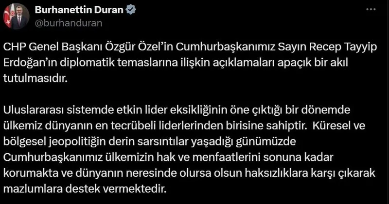 İletişim Başkanı Burhanettin Duran'ın paylaşımı (Ekran görüntüsü)